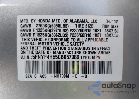 2012 Honda Pilot Ex-L из США, поврежденный, VIN 5FNYF4H55CB057986